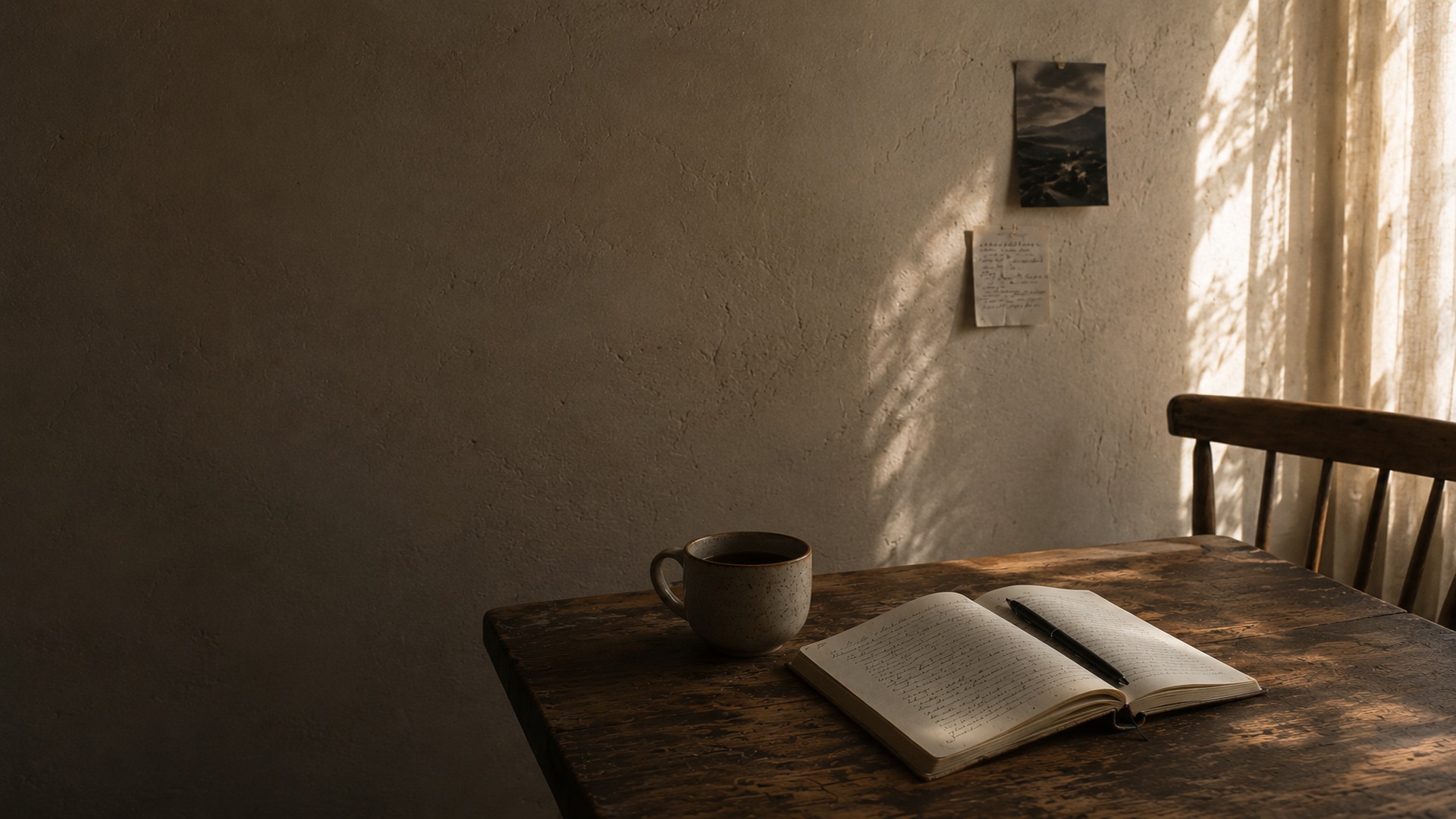 A warm room with an open notebook and ceramic mug in window light