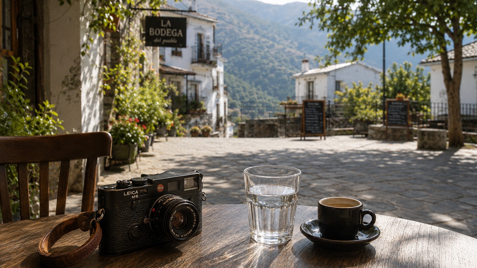 A café table with a Leica camera, a small coffee and a glass of water overlooking a mountain village square