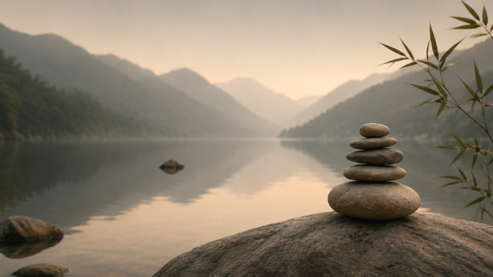 A stack of smooth stones beside a still mountain lake in soft misty light