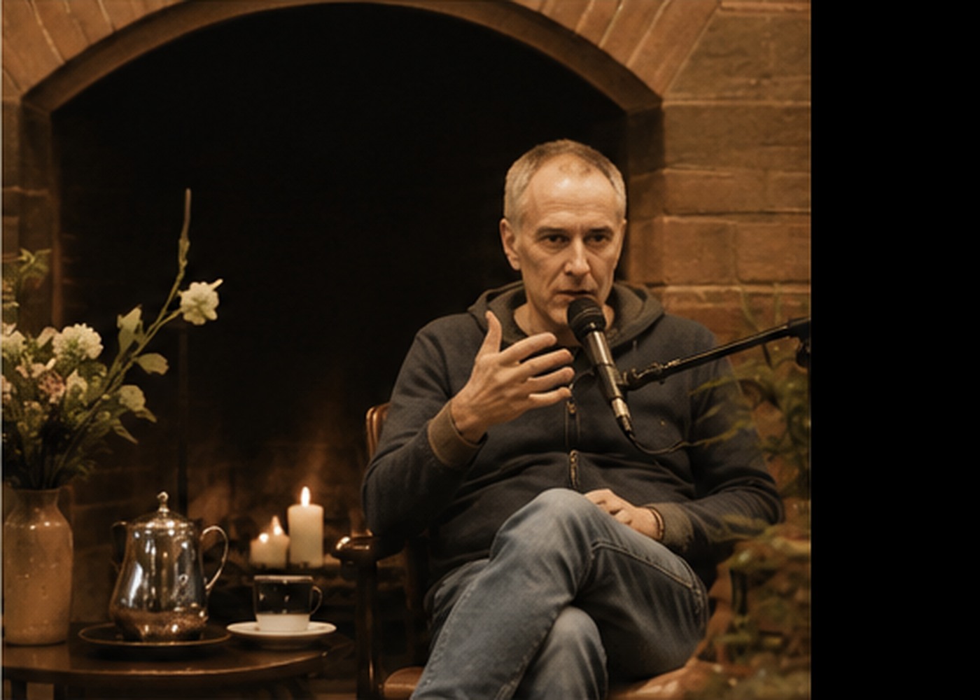 Peter Brown speaking beside a fireplace